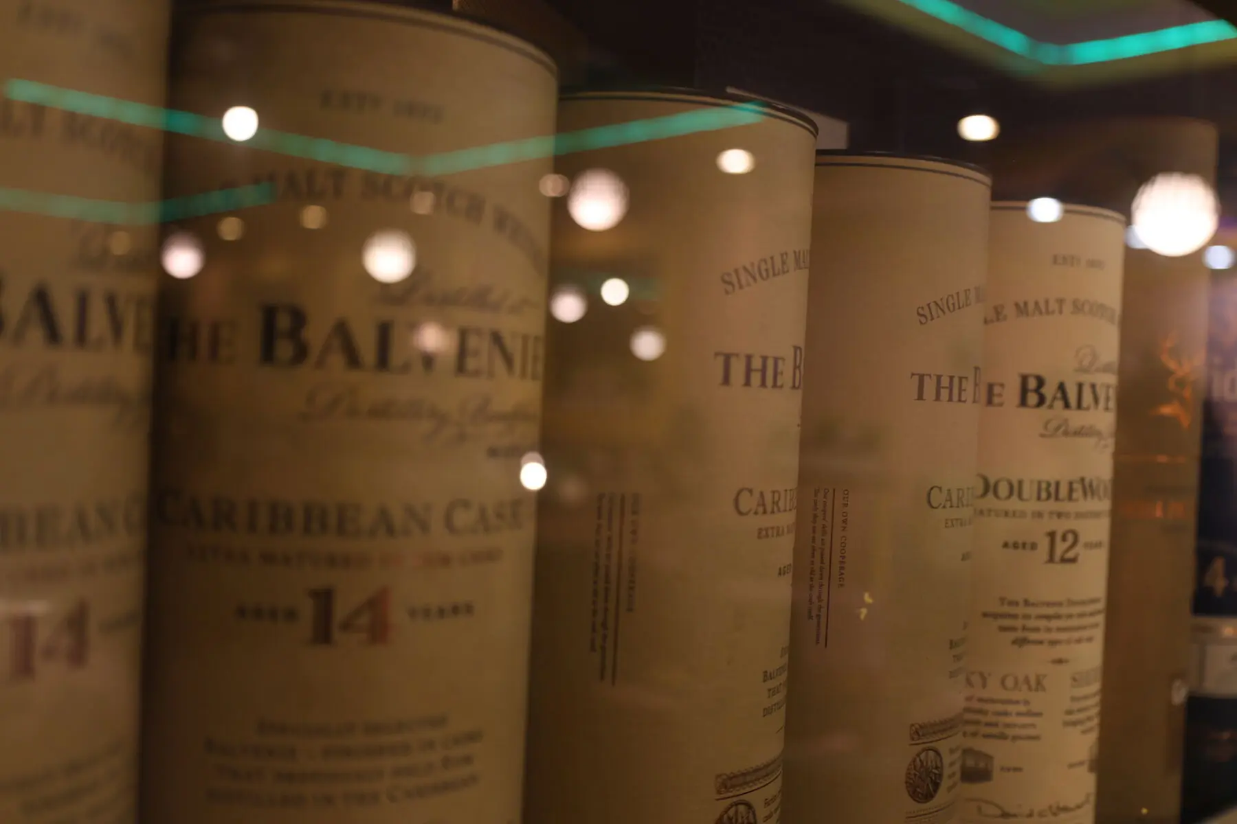 Row of aged single malt whiskey